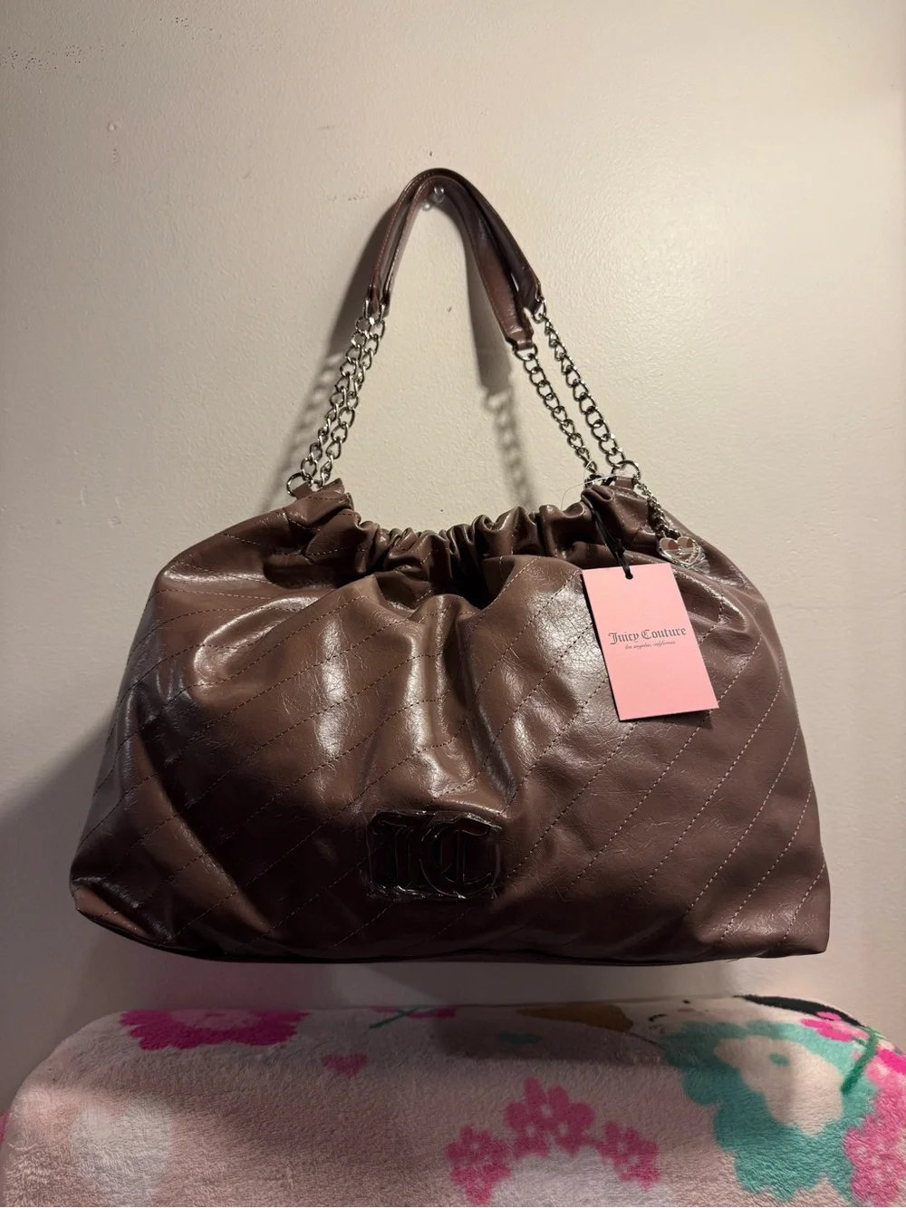Juicy Couture Soft Spoken Tote bag color iced coffee with silver chain NWT